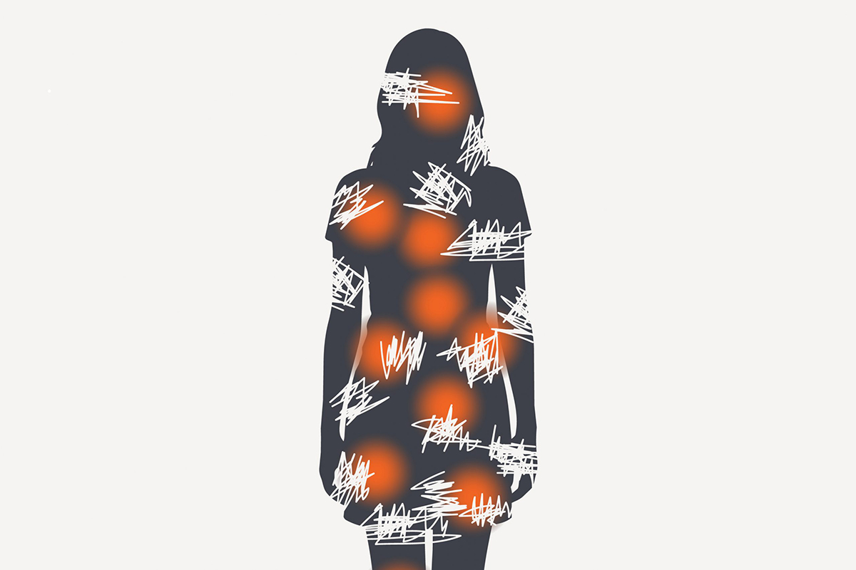 Ilustración con una silueta de una mujer con garabatos sobre el cuerpo.