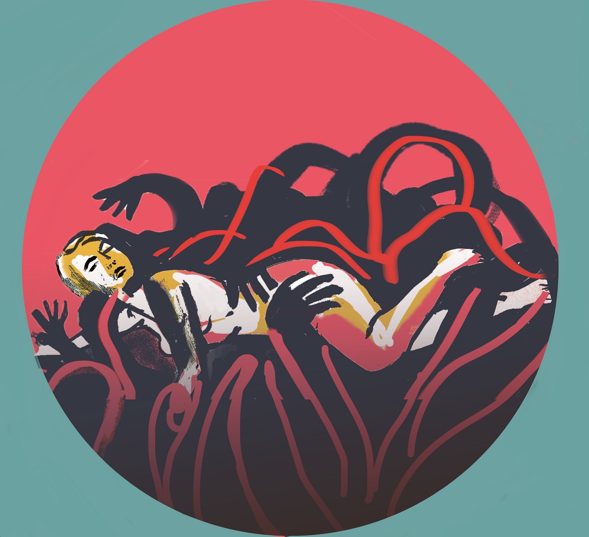 Ilustración una una persona atrapada entre brazos o cosas alargadas.