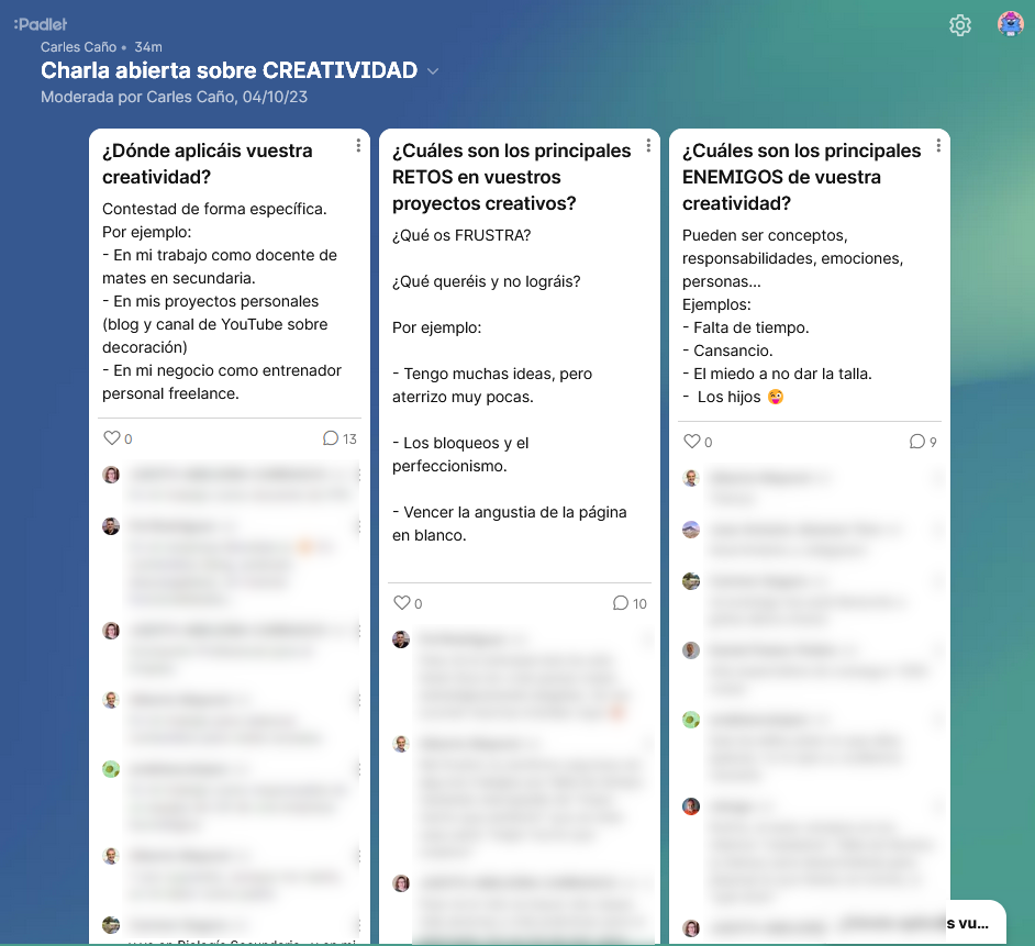 Tablero de PADLET de la Charla abierta sobre CREATIVIDAD